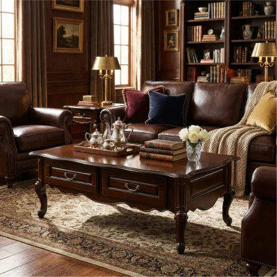 Vintage Wooden Coffee Table - with Drawers in Solid Dark Wood for Living Room Storage