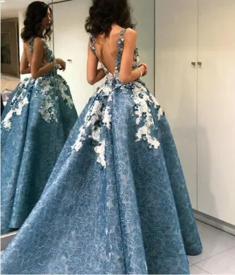 French Blue High-low Sexy Open Back Lace Princess Wedding Dress