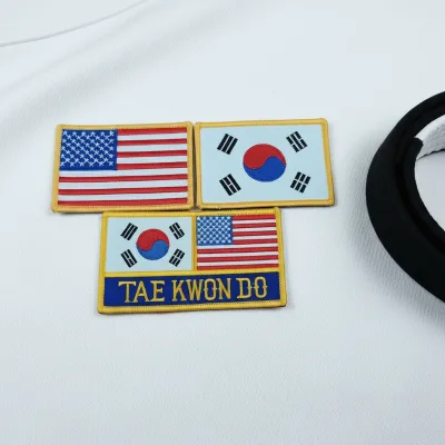 Wholesale 3D Twill Fabric Tae Kwon Do Patches National Flag Custom USA South Korea Embroidery Iron Badge Martial Arts Hat