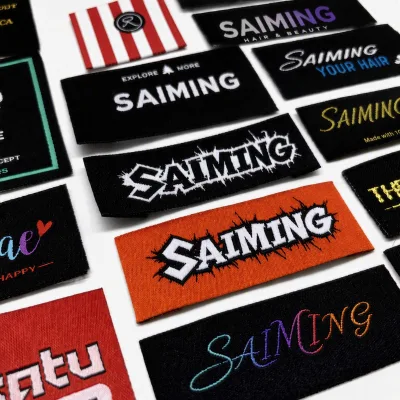 Custom Wholesale Low MOQ Folded End Woven Labels SAIMING Style Brand Tag Foldable Clothing Label for T-Shirt Jeans Bag