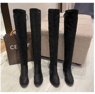 Latest Round Toe Chunky Heel Women Long Boots Suede Back Tie up Over the Knee Boots Thigh High Heel Boots