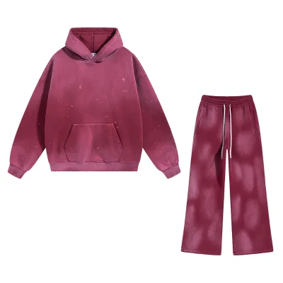 Wholesale New Style Spray-dyed Washed and Distressed Hoodie and Pants Set Warm Polyester-Cotton Knit Men's Hoodie Set