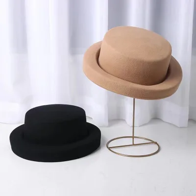 Spring Autumn Vintage Flat Top Wool Felt Casquette Cap Stylestylish Stage Runway Travel Fashion Hat for Women