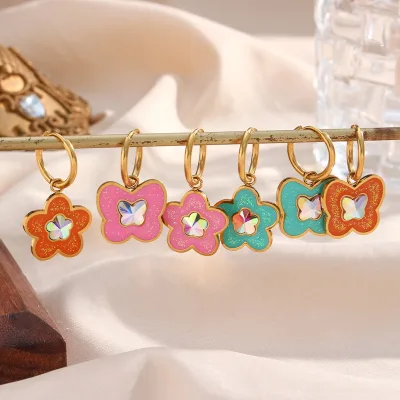 Dreamshow Cute Acrylic Flower Butterfly Shape Colorful Zircon Drop Earrings Bling Gold Plated Stainless Steel Earrings