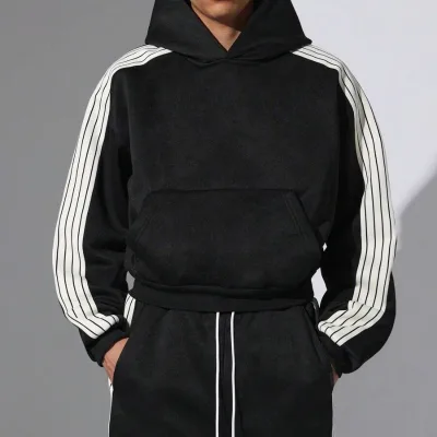 Men's Breathable Printed Sustainable Tracksuit With White Stripe for All Seasons-Fitness Hoodie Set Featuring Logo Hoodie Set