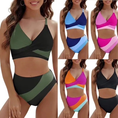 Women's Contrast Color 2-Piece Swimsuit Strappy Cross Bra Tops Beachwear for Vacation Surfing Surf Bikini Cover Ups