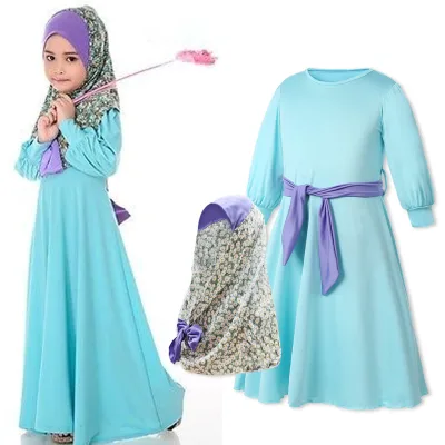 2022 Blue Muslim Girls Eid Princesses Dress Kids for Girls Front Open Kaftan Abaya Long Dress for Eid Mubarak