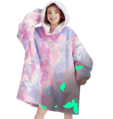 Wearable Blanket Hoodie for Kids Oversized Sherpa Blanket Hoodie for Kids Boys Girls Teens 6-13YR,Glow in The Dark Butterfly