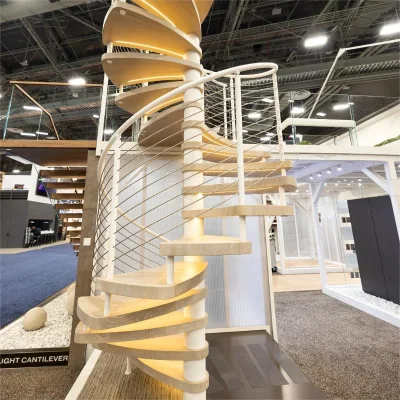 Customized Light Colored Tread European Beech Wood Step Stair White Center Support Column Steel Wire Guardrail Rotating Stairs