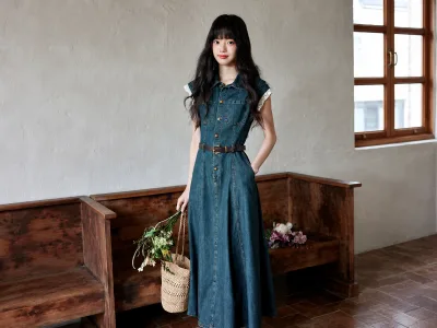 Women's Denim Maxi Dress Vintage Sleeveless Turn Down Collar Lace Trim Belted Button Front a Line Long