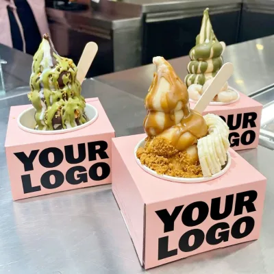 Custom Square Creative Pink Ice Cream Paper Bowl Frozen Yogurt Dessert Cups Birthday Party Favors Cake Box for Display