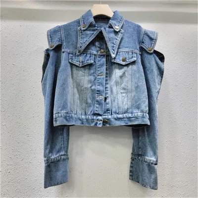 ZHEZHE Unique Fashion Motorcycle Sexy Jean Denim Jacket Fall Winter Short Coat Women Clothing Cropped Coat Jacket