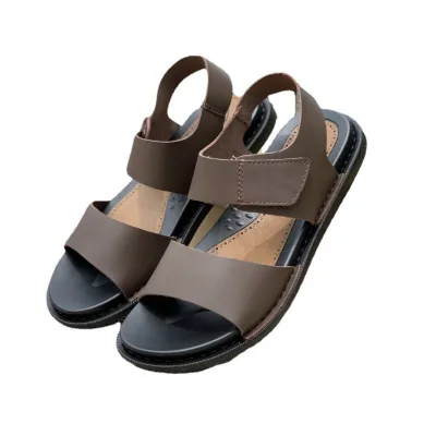 Summer Genuine Leather Slippers Outdoor Casual Open Toe Breathable Velcro Beach Shoes Men Waterproof Non-slip
