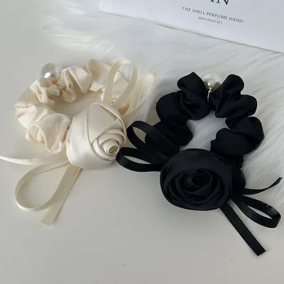 Women French Design Elastic Ribbon Bowknot Rose Flower Hair Scrunchy with Pearl