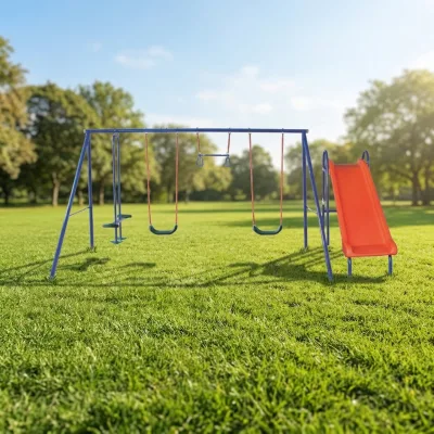 IUNNDS Wholesale  Garden Outdoor Children Adjustable Ropes Double Swings Set With Slide,Kids See Saw Cradle Swing