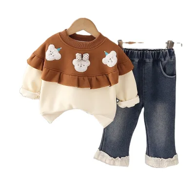 2026 Winter Girls' Cute Plush Bear Ruffle Lace Sweatshirt Solid Pattern Winter Casual Warm Plus Fleece Suit