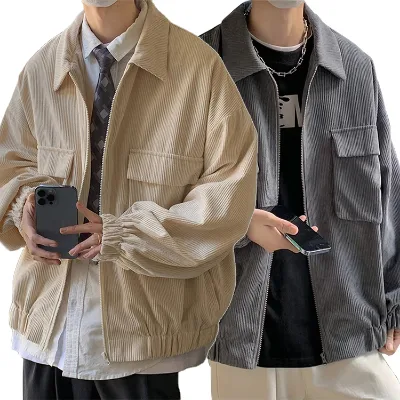 Custom New Arrival Solid Large Size Boy Friend Loose Zip Outwear Men Streetwear Corduroy Jacket