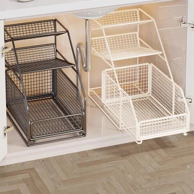 Bathroom Sink Storage Rack Washstand Cabinet Basket Inner Storage Pull-out Iron 3-tier Multi-function Freestanding Modern