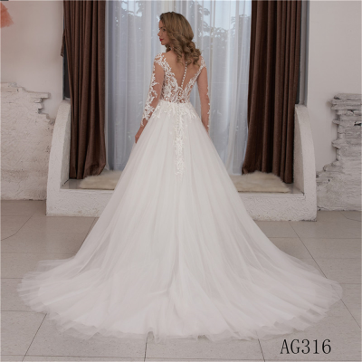 Transparent Long Sleeve Lace Beaded Bridal Dress Wedding