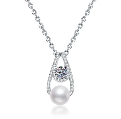 European and American Female Mosan Stone S925 Sterling Silver Necklace Freshwater Pearl Necklace Pendant