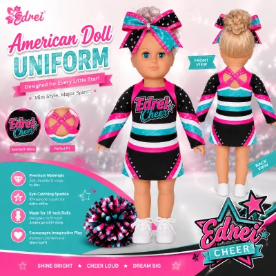Black Pink Teal 18 Inch American Girl Doll Cheerleader Uniform 2Piece Cheer Set Custom Logo Doll Clothes Wholesale Toy Accessory