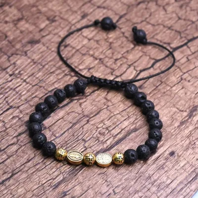 Handmade Saint Jesus Beads Bracelet Black Volcanic Rock Lava Stone Lucky Bead Bracelet