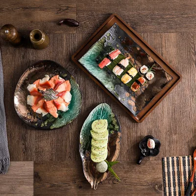 Leaf Shape Ceramic Plate Set Iridescent Bronze Green Glaze Sushi Serving Platter Japanese Tableware Blossom Sauce Dish