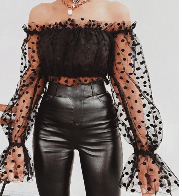 2023 Selling Summer Black Dot Tops Women Off Shoulder Mesh Puff Sleeve Blouse