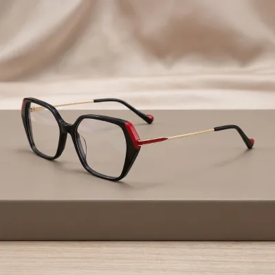 Noble Eyewear Metal Temple Monturas Opticas Acetato Combined Newly Designed Irregular Acetate Cat Eye Diamond Full Rim Frames