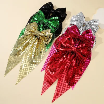Showcasing Check Sequin Summer Style Oversized Flowing Ribbon Hair Clip