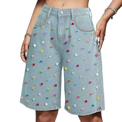 High-waisted Loose Straight-cut Casual Women's Denim Shorts with Colorful Rhinestones