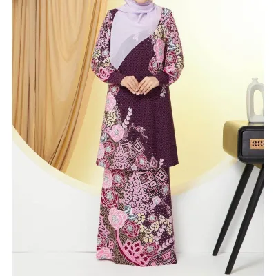Eid Modest Straight Baju Kurung Hot Selling Modern Floral Print Muslimah Perempuan Dress Charming Pink Kurung Pahang