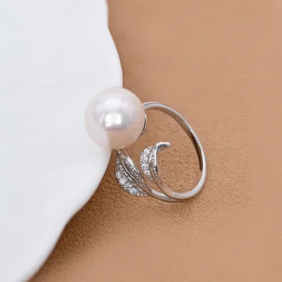 Luxury 10-11mm Big White Pearl Ring Solid S925 Silver Creative Leaf Shaded Shank Genuine Cultured Pearl Open Adjustable Ring