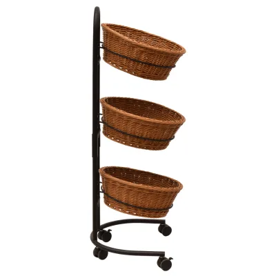 Wholesale 3Tier Rolling Basket Stand with Wheels Metal Wicker Display Rack Rustic Storage Rack for Kitchen, Retail, Supermarket,