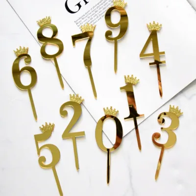 10-Piece Set Birthday Cake Decorations Gold Glitter Crown Double-Layered Acrylic Numbers 0-9 Toppers Festive Style Indoor Use