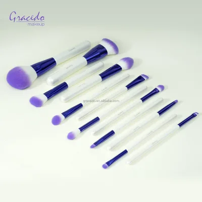 Private Label 12PCS Purple Tip Synthetic Hair Face Concealer Makeup Brush Set Pearl White Wood Handles Violet Aluminum Ferrules