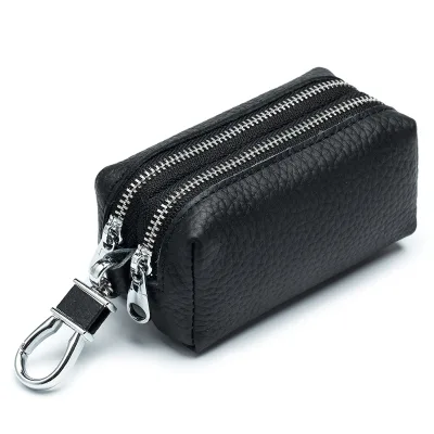 Cowhide Leather Large Capacity Double Zipper Key Bag Soft Leather Multi-function Card Bag Wallet Holder for Men and Women