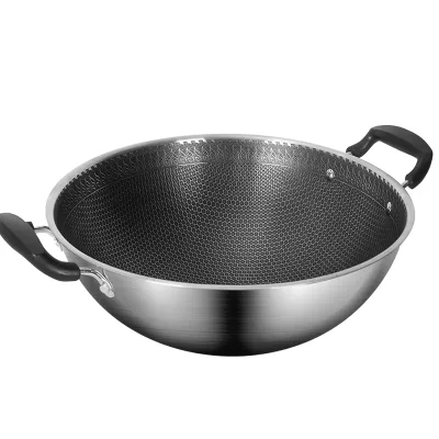 Hot Sales 34cm 304 Stainless Steel Round Cooking Wok Pan with Bakelite Handle Honeycomb Coating