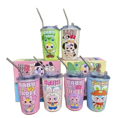 Botu New Arrival Baby Three Macaron V2 Rabbit Cheap Cartoon CuteStainless Steel Tumbler Hot and Cold Girl's Water Cup with Straw