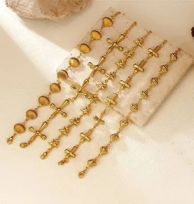 Wholesale Waterproof Stainless Steel Shell Starfish Charms Bracelets Fashion 18k Gold Plated Cross Heart Bracelets for Women