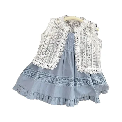 Girls Summer Dress Lace Cardigan Shawl + Halter Dress New Kids Summer Two-piece Set for Baby Girls