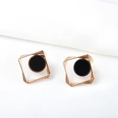 Fashionable Lady's Premium-luxury Retro Black square Metal Shell Stainless Steel Earrings, Factory Wholesale