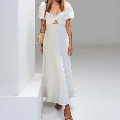 Summer women's long skirt, elegant commuting white cotton and linen skirt, V-neck pleated short-sleeved hollow dress