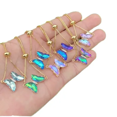 New Design 18K Gold Plated Crystal Butterfly Charm Bracelet Multi Color Personalized Non-Tarnish Brass Zircon Adjustable Trendy
