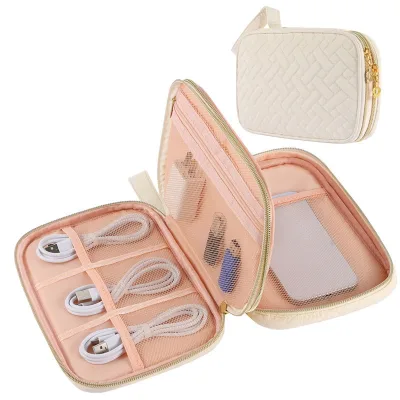 Quilted Partitioned Polyester Data Cable Storage Bag Large Capacity Separated Storage for Travel USB Drives Power Banks Chargers