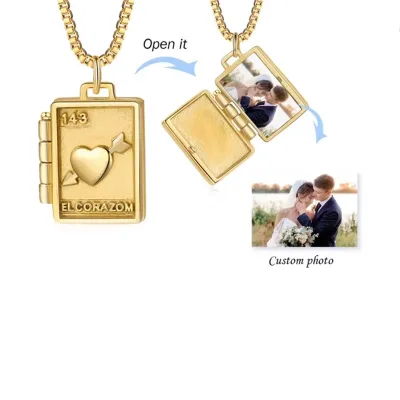 Gold Pendant Necklace Box Chain Photo Locket Custom Book Locket Necklace Rectangle Photo Locket Necklace for Women Photo Gift