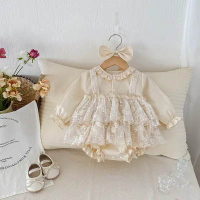 Autumn 100% Cotton Baby Girl Outfits Sweet Casual Breathable Romper Skirt with Long Sleeves & Triangle Button Closure ODM