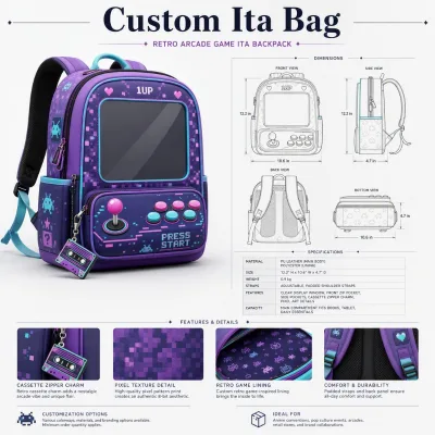 Custom Arcade Style Ita Bag 12 Inch Arcade Game Front Pocket Adjustable Padded Straps Side Pockets Merch Collector Daypack