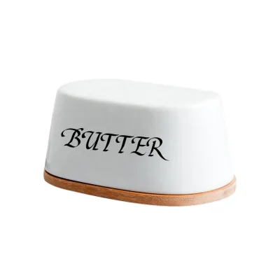 Custom logo Cake Cheese Keeper Plate Porcelain Butter Dish Bamboo Bottom Ceramic Butter Container