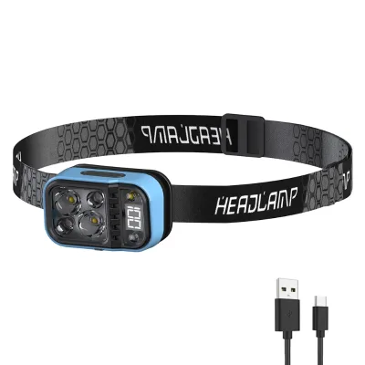 LED COB Rechargeable Headband Torch Motion Sensor USB Charging IP33 Rated 8-16Hr Runtime SOS Mode for Hiking Camping Work Gear
